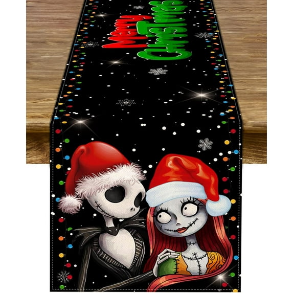 Merry Christmas Table Runner Jack Skellington and Sally Birthday Party Decoration Home Kitchen Dining Room Deocr (Black, 13" x 72")