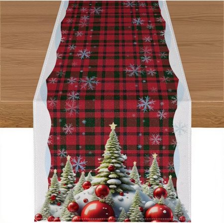 Touchbetter Merry Christmas Table Runner,Red Buffalo Plaid Xmas Tree New Year Snowflake Table Cloth Kitchen Dining Table Decoration for Home Party Decor 13x36 Inch