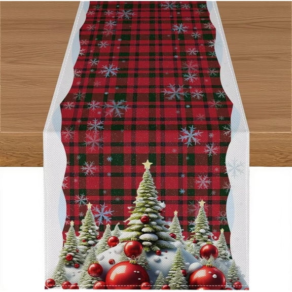 Merry Christmas Table Runner,Red Buffalo Plaid Xmas Tree New Year Snowflake Table Cloth Kitchen Dining Table Decoration for Home Party Decor 13x36 Inch