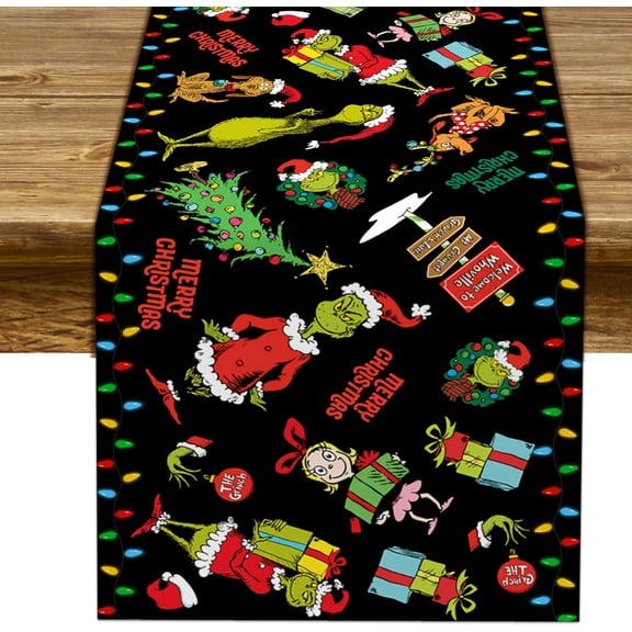 Merry Christmas Table Runner Whoville Christmas Xmas Winter Holiday Season Party Decorations Kitchen Fireplace Dining Room Home Decor (Black, 13" x 72")