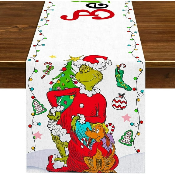 Merry Christmas Table Runner Whoville Xmas Winter Holiday Believe Theme Party Decoration Green Elf Home Kitchen Dining Room Decor (White, 13" x 72")