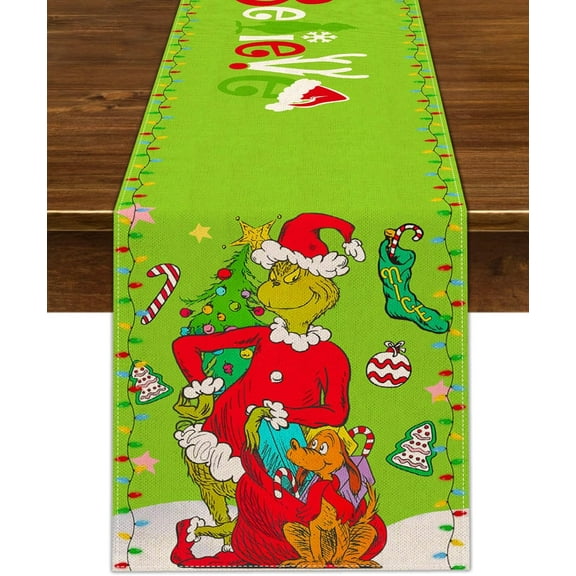 Merry Christmas Table Runner Xmas Winter Holiday Believe Theme Party Decoration Green Elf Home Kitchen Dining Room Decor 71Inches Long
