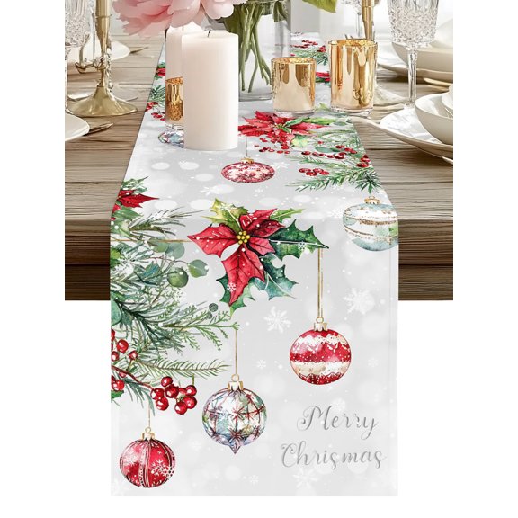 Merry Christmas Table Runners 36 Inches Long Winter Snowflake Poinsettia Berry Gray Kitchen Dining Table Runner Dresser Scarves for Party Coffee Holiday Party Decor