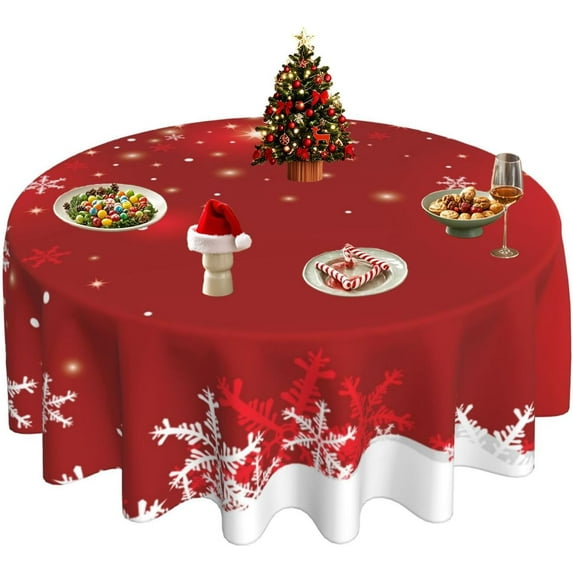 Merry Christmas Tablecloth 60 Inch Round Xmas Table Cloth Winter Red White Snowflakes Tablecloths Christmas Table Covers for Holiday Party Dining Kitchen Home Picnic Patio (Red Snowflake)