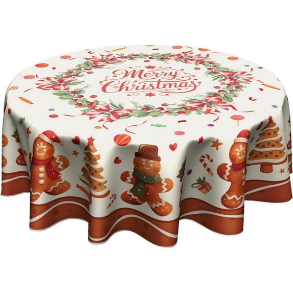 Merry Christmas Tablecloth Round 60 Inch,Traditional Xmas Gingerbread Man Cookie Reusable Washable Circular Table Cover for Holiday Home Kitchen Party Wedding Picnic