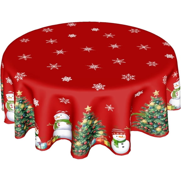 Merry Christmas Tablecloth Round 60 Inch Winter Snowman Table Cloth Red Snowflake Print Christmas Table Cover Winter Holiday Tablecloths Seasonal for Home Kitchen Dining Party Indoor Outdoor Decor