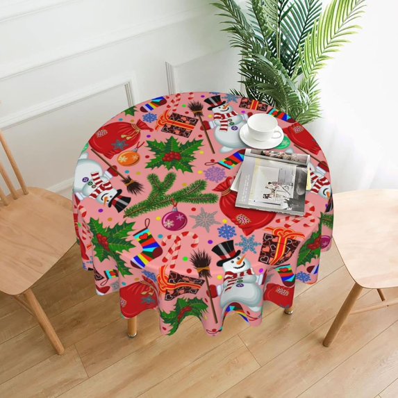 Merry Christmas Tablecloth Round Table Cover Washable Polyester Table Cloth for Kitchen Party Picnic Dining Decor 60 Inch