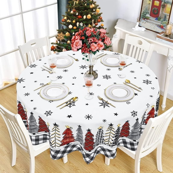 Merry Christmas Tablecloth, Waterproof Winter Xmas Kitchen Table Decor for Dining Holiday Party - 60x60 Inch Round