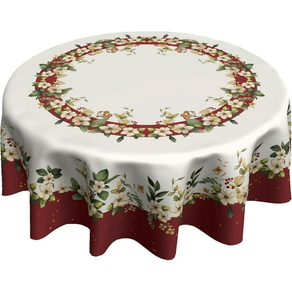 Merry Christmas Tablecloth Winter Floral Round Tablecloth 60 Inch Red Xmas Flower Table Cloth for Farmhouse Kitchen Decor Polyester Fabric Christmas Table Cover for Holiday Party Outdoor Camping