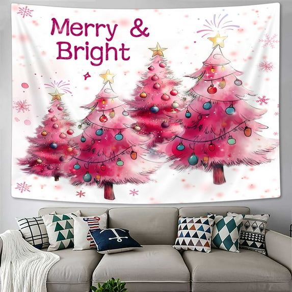 Merry Christmas Tapestry, Abstract Watercolor Pink Xmas Tree Ball Forest Farmhouse Colorful Star Winter Holiday Bedroom Living Room, Tapestries Aesthetic Home Decor, 60X40IN