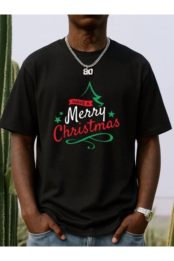 Merry Christmas Tee Christmas graphic t shirts t-shirts men's 180G 100% Cotton black Spring and summer clothing Everyday wear, suitable for the office, dates, and going out Comfortable loose T-shirt