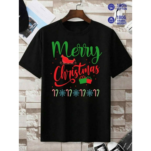 Merry Christmas Tee Christmas print t-shirts men's 180G 100% Cotton black Fashionable summer T-shirt, machine washable, fun and playful, cool T-shirt, funny T-shirt, T-shirt Christmas elegant beach