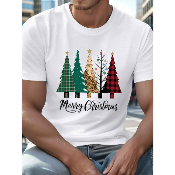 Merry Christmas Tee Festive Tree Print Design T Shirt Mens Casual Short Sleeve Comfort Top Soft Cotton White S-5XL