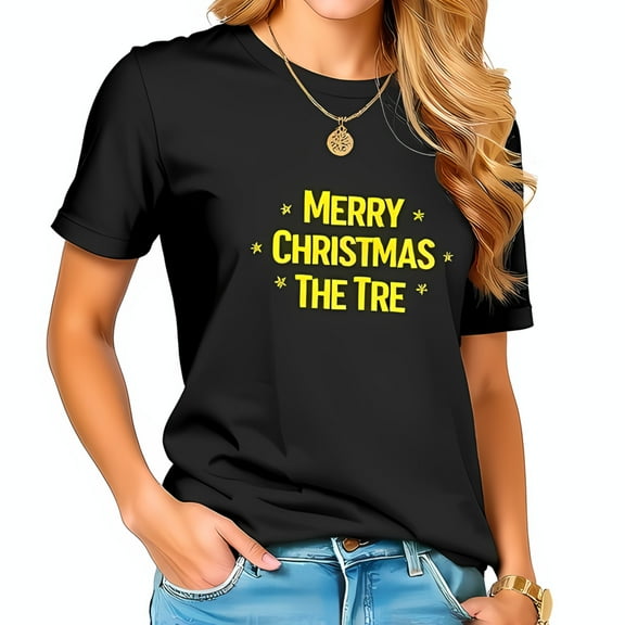 Merry Christmas The Tre Cotton Short Sleeve T-Shirt with Playful Yellow Star Design for Festive Casual Wear