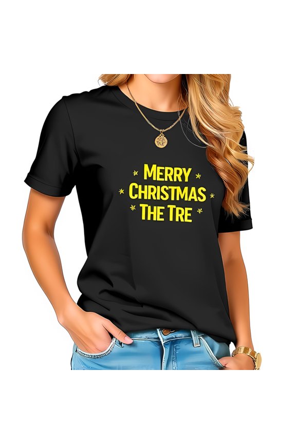 Merry Christmas The Tre Cotton Short Sleeve T-Shirt with Playful Yellow Star Design for Festive Casual Wear