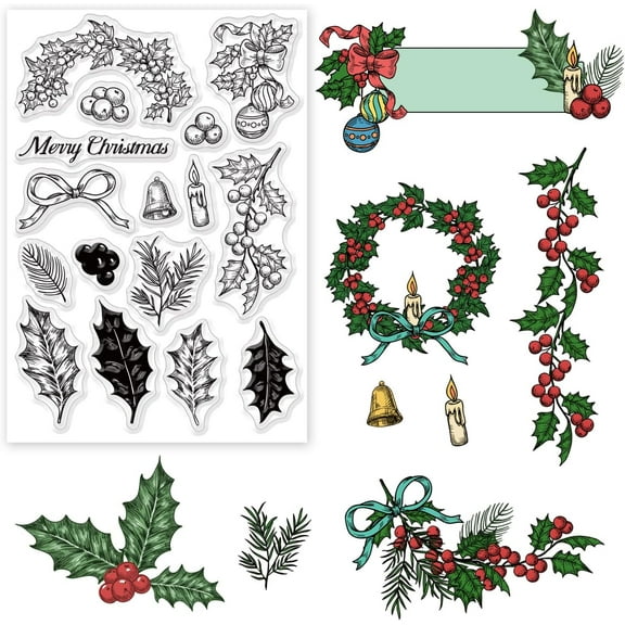 Merry Christmas Themed Clear Stamps Holly Leaf/Pine Needle/Candle/Bell/Pattern Clear Rubber Stamps DIY