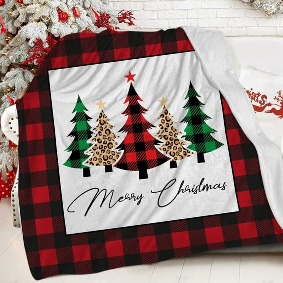 Merry Christmas Throw Blanket Christmas Trees Buffalo Check Plaid Leopard Farmhouse Soft Flannel Blanket Warm Cozy Lightweight Bed Blanket for Chair Sofa Couch Bedroom Camper 40 x 50 Inch
