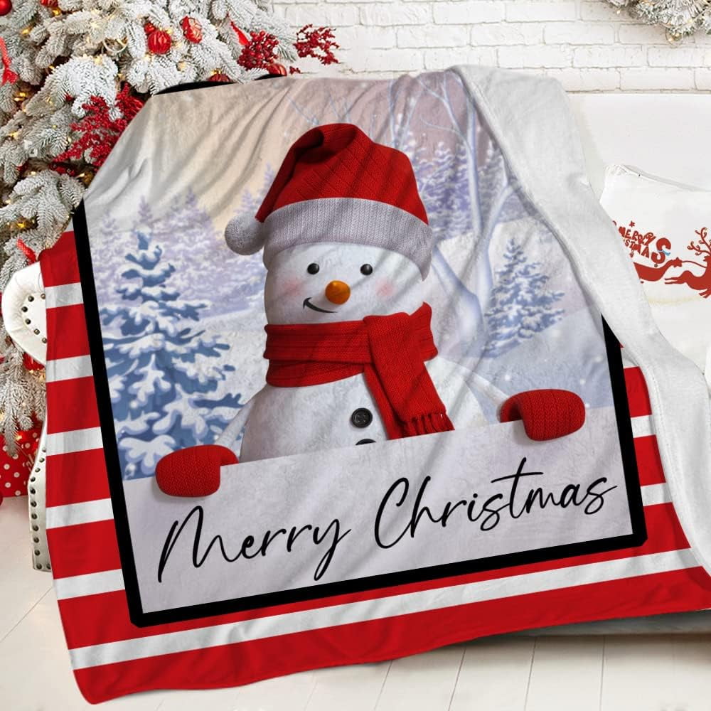 Merry Christmas Throw Blanket Happy Snowman Xmas Holiday Red White