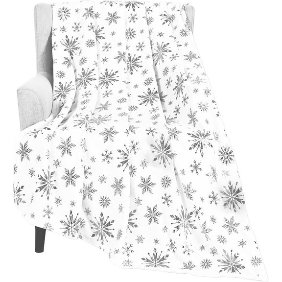 Merry Christmas Throw Blanket, Silver Snowflake Foil Print Throw Blankets, White Winter Fluffy Fleece Blanket for Couch Warm Bed Napping Flannel Blanket for Sofa Bedroom Gift Xmas Decor, 50" x 60"