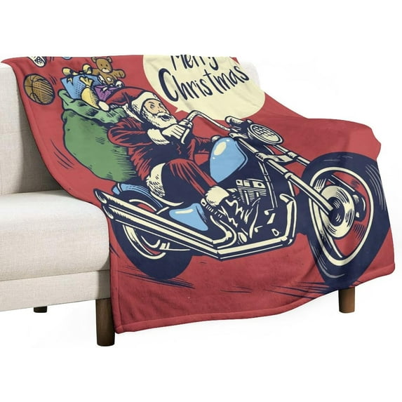 Merry Christmas Throw Blanket Soft Warm Vintage Santa Claus Motorcycle Lightweight Flannel Plush Fuzzy Blankets Gift for Women Kids Boys Teens 50X60 in