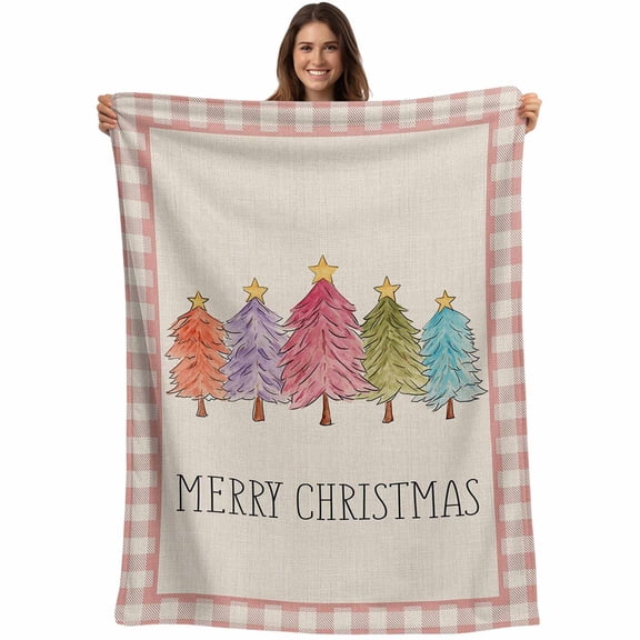 Merry Christmas Throw Blankets, Farmhouse Christmas Tree Soft Fleece Blanket Decorative for Home Sofa Couch Chair Living Bedroom, 40x50 inches, Pink Plaid Purple Blue Green