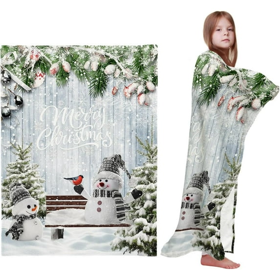 Merry Christmas Throw Blankets, Xmas Snowman Snowy Pine Tree Soft Fleece Blanket Decorative for Home Sofa Couch Chair Living Bedroom,30x40 Inches, Blue Winter