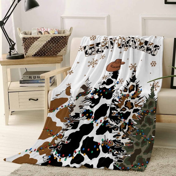 Merry Christmas Throw Flannel Blanket 30x40In Xmas Tree Cowboy Hat Cow Leopard Snowflake Super Soft Cozy Bed Blanket, Lightweight Plush Fuzzy Bed Throw for Bedroom Sofa Couch Living Room
