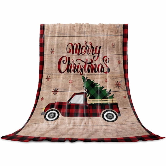 Merry Christmas Throw Flannel Blanket 32x48In Red and Black Buffalo Plaid Truck Tree Super Soft Cozy Bed Blanket, Lightweight Plush Fuzzy Bed Throw for Bedroom Sofa Couch Living Room