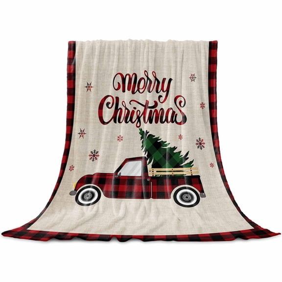 Merry Christmas Throw Flannel Blanket 32x48In Red Truck Pull Xmas Tree Rustic Background Super Soft Cozy Bed Blanket, Lightweight Plush Fuzzy Bed Throw for Bedroom Sofa Couch Living Room