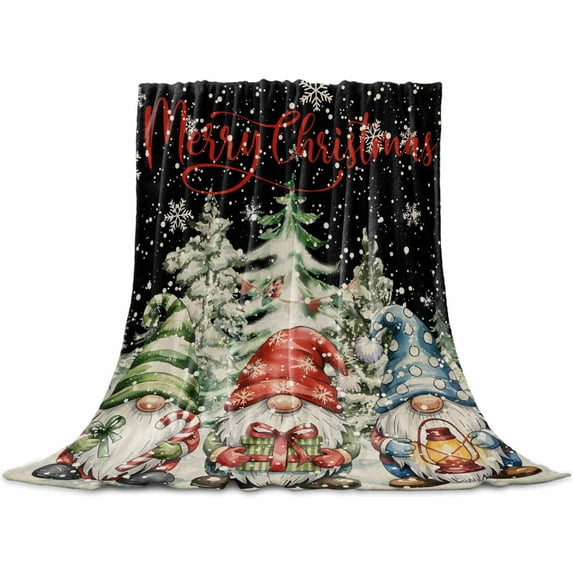 Merry Christmas Throw Flannel Blanket 32x48In Retro Red Blue Yellow Gnome Tree Snow Super Soft Cozy Bed Blanket, Lightweight Plush Fuzzy Bed Throw for Bedroom Sofa Couch Living Room