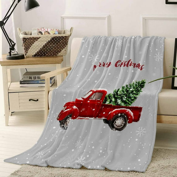 Merry Christmas Throw Flannel Blanket 40x50In Christmas Tree Truck Wood Grain Gray Super Soft Cozy Bed Blanket, Lightweight Plush Fuzzy Bed Throw for Bedroom Sofa Couch Living Room
