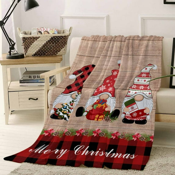 Merry Christmas Throw Flannel Blanket 50x60In Red Xmas Gnome Pine Tree Plaid Wood Grain Super Soft Cozy Bed Blanket, Lightweight Plush Fuzzy Bed Throw for Bedroom Sofa Couch Living Room