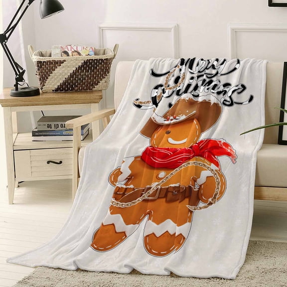 Merry Christmas Throw Flannel Blanket 60x80In Gingerbread Man Rope Cowboy Western Xmas Super Soft Cozy Bed Blanket, Lightweight Plush Fuzzy Bed Throw for Bedroom Sofa Couch Living Room