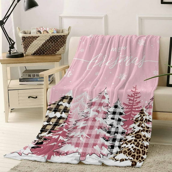 Merry Christmas Throw Flannel Blanket 60x80In Pink Plaid Leopard Xmas Tree Winter Snowflake Super Soft Cozy Bed Blanket, Lightweight Plush Fuzzy Bed Throw for Bedroom Sofa Couch Living Room