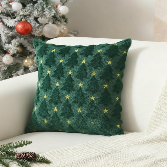 Merry Christmas Throw Pillow Cover Decorative Xmas Embroidery Tree Pillow Case Sofa Decor Square Cushion Covers Green 18X18 inches