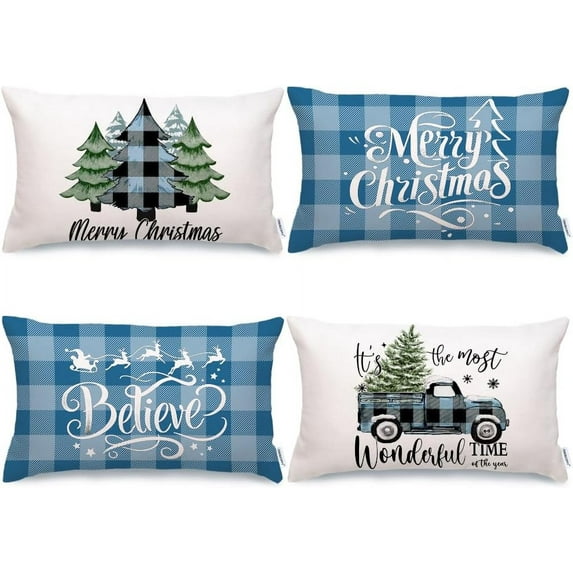 Merry Christmas Throw Pillow Covers 18x18 Inch Set of 4, Xmas Trees Truck Buffalo Plaid Believe Farmhouse Decorative Cushion Cases for Home Decoration G421-18