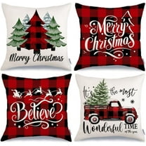 Merry Christmas Throw Pillow Covers 18x18 Inch Set of 4, Xmas Trees Truck Buffalo Plaid Believe Farmhouse Decorative Cushion Cases for Home Decoration G421-18