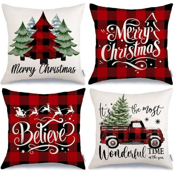 Merry Christmas Throw Pillow Covers 18x18 Inch Set of 4, Xmas Trees Truck Buffalo Plaid Believe Farmhouse Decorative Cushion Cases for Home Decoration G421-18