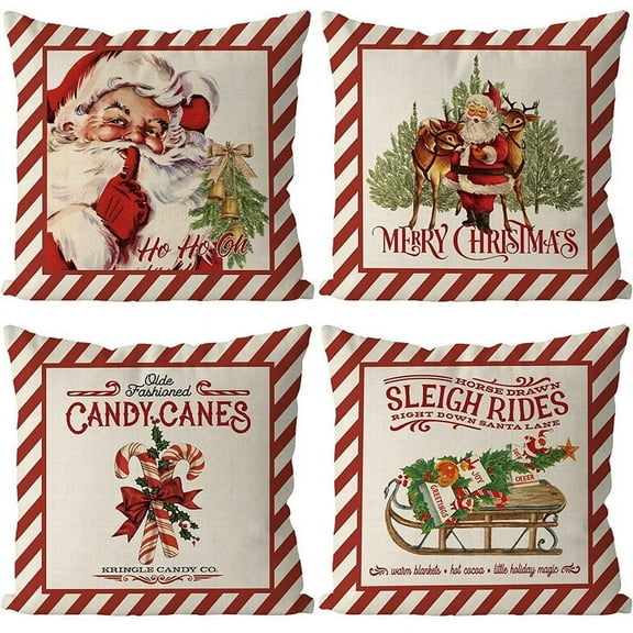 Merry Christmas Throw Pillow Covers Candy Canes Elk Santa Claus Sleigh Rides Winter Outdoor Decorations Pillowcase Home Decor 18 x 18 Inch Living Room Cushion Case for Sofa Couch