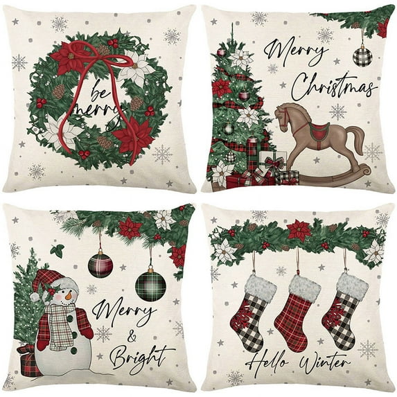 Merry Christmas Throw Pillow Covers, Decorative 18 inch Retro Snowman Cushion Covers Wreath Pillow Cases for Home Bedroom Room Holiday Couch Decor Decorations