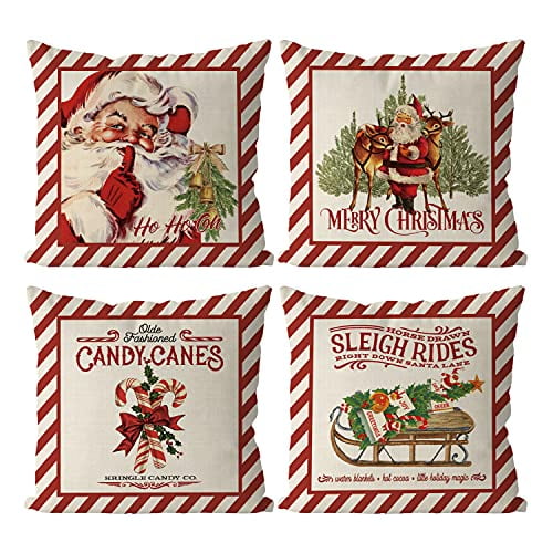 Merry Christmas Throw Pillows Cover Candy Canes Elk Santa Claus Sleigh