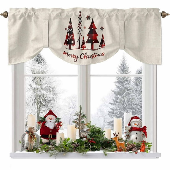 Merry Christmas Tie Up Valances Curtain, Christmas Trees Snowflakes Beige Linen Adjustable Rod Pocket Short Window Treatment Tie Up Curtains Valances for Kitchen Living Room Bathroom 54x18 Inches