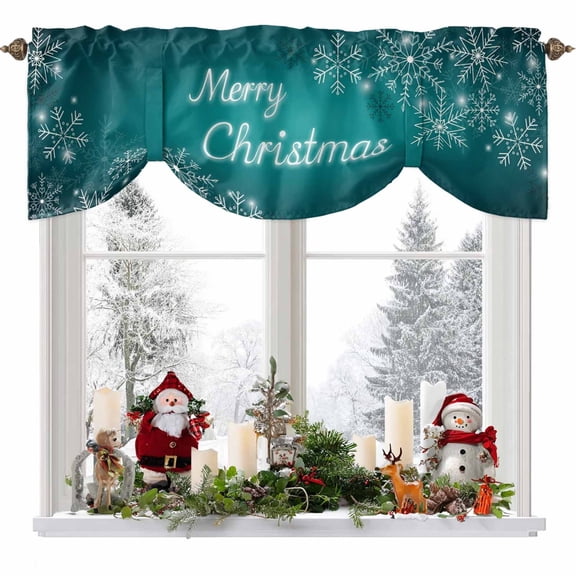 Merry Christmas Tie Up Valances Curtain, Green Gradient Xmas Winter Dream Snowflake Adjustable Rod Pocket Short Window Treatment Tie Up Curtains Valances for Kitchen Living Room Bathroom 42x12 Inches