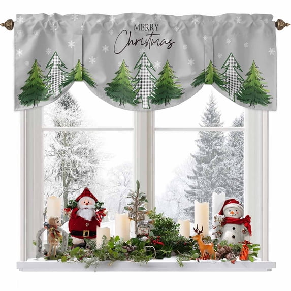 Merry Christmas Tie Up Valances Curtain, Green Plaid Xmas Tree Winter Snowflakes Grey Adjustable Rod Pocket Short Window Treatment Tie Up Curtains Valances for Kitchen Living Room Bathroom 42x12 In