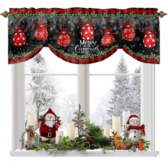Merry Christmas Tie Up Valances Curtain, Red Xmas Balls Poinsettia Black Red Plaid Adjustable Rod Pocket Short Window Treatment Tie Up Curtains Valances for Kitchen Living Room Bathroom 42x18 Inches