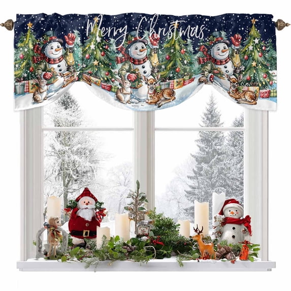 Merry Christmas Tie Up Valances Curtain, Snowman Xmas Tree Animal Snowing Scene Blue Adjustable Rod Pocket Short Window Treatment Tie Up Curtains Valances for Kitchen Living Room Bathroom 42x18 In