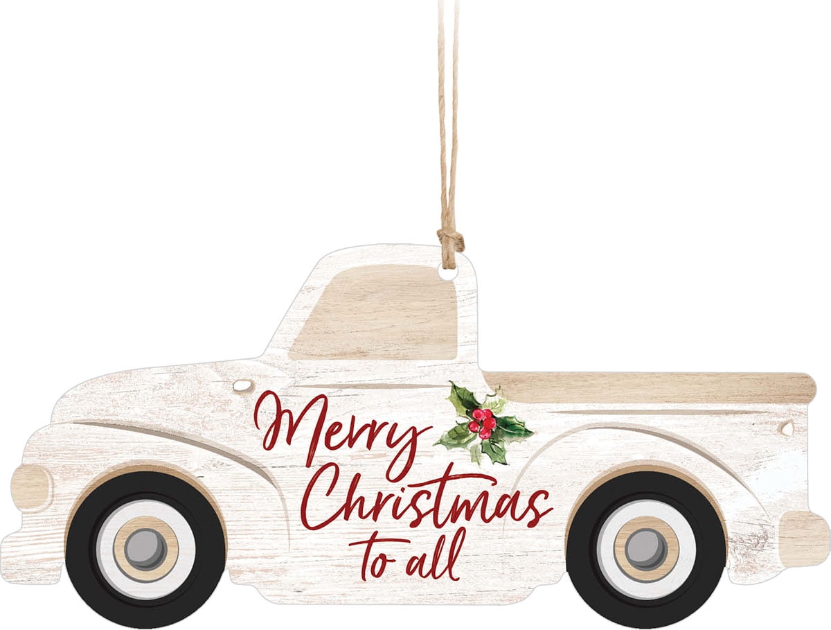 Merry Christmas To All Truck White 5.2 x 2.4 Wood Christmas Figurine Ornament