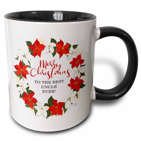 3drose, Merry Christmas to the Best Uncle Ever - Poinsettia Wreath, 11oz Two-tone Black Mug