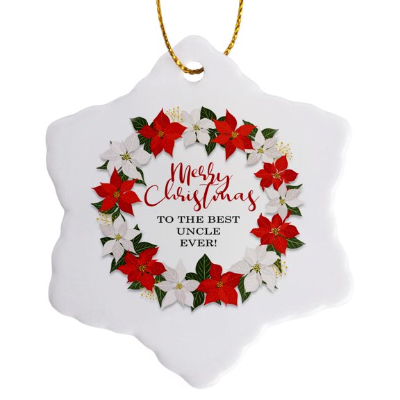 3drose, Merry Christmas to the Best Uncle Ever - Poinsettia Wreath, 3 inch Snowflake Porcelain Ornament