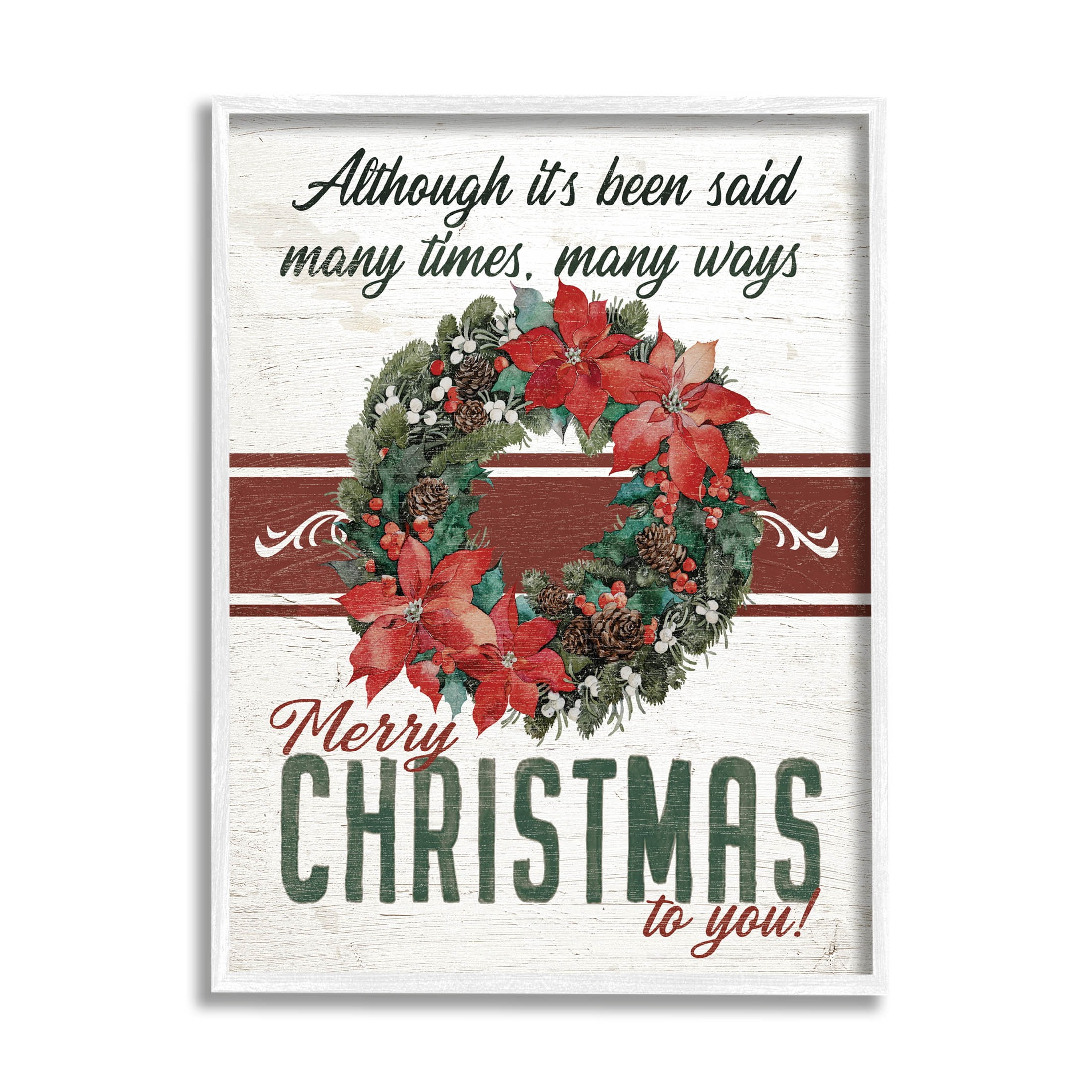Merry Christmas To You Vintage Poinsettia Holiday Graphic Art White Framed Art Print Wall Art